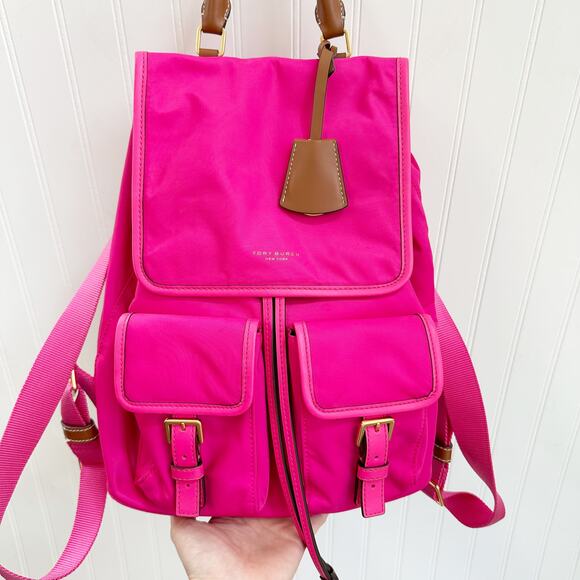 Tory Burch Perry Nylon Flap Backpack Bright Pink Fuchsia Leather Trim Bag - Picture 2 of 16
